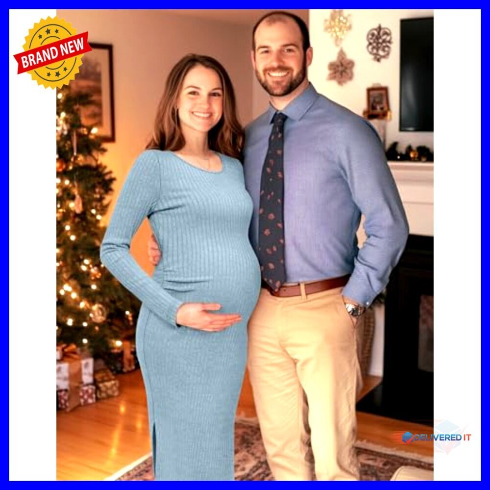 Maternity Bodycon Dress Long Sleeve Ribbed Knit Stretchy Pregnancy Formal - Picture 2 of 7